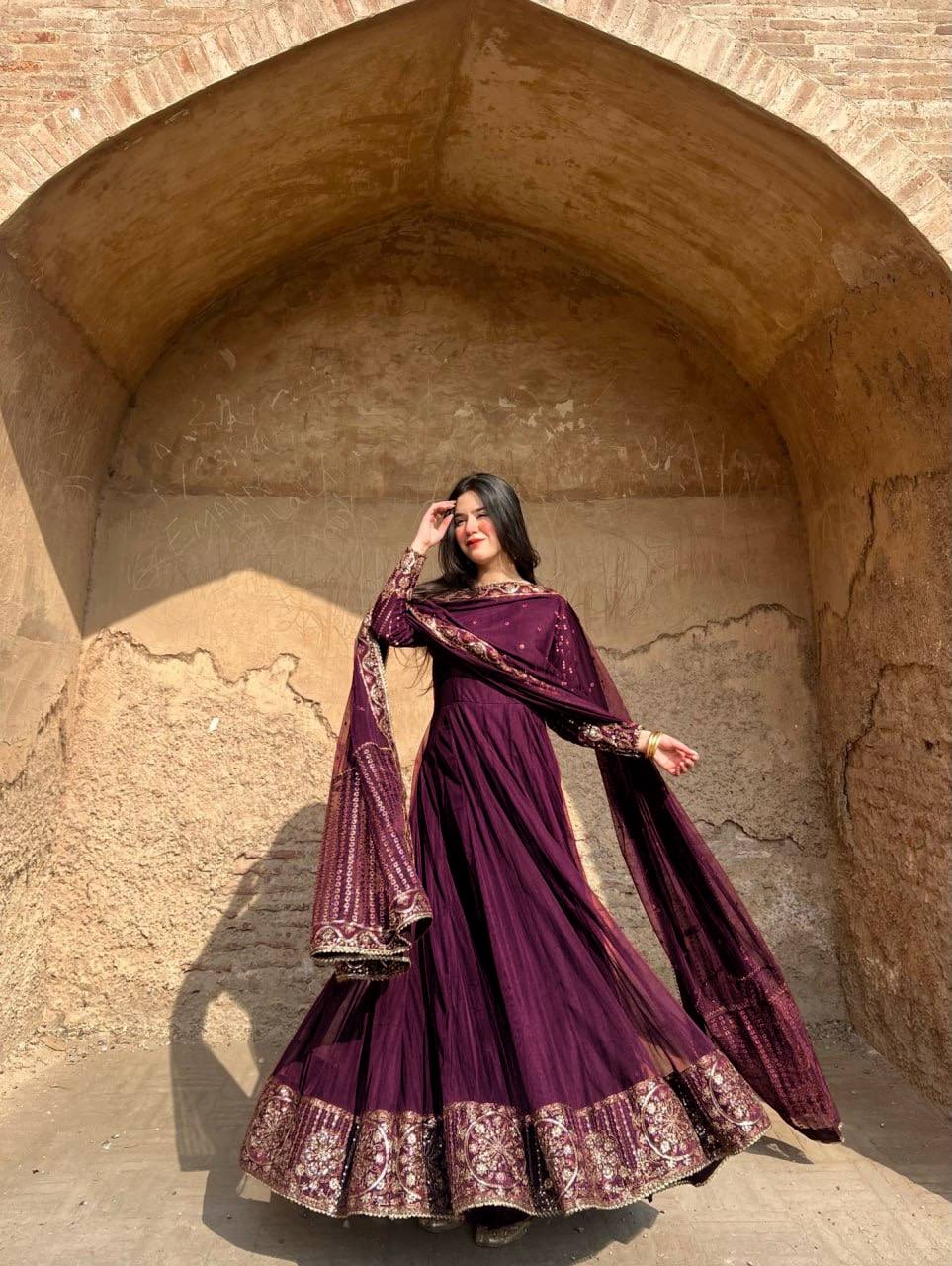 Wine Luxury Designer Faux Blooming Georgette Gown with Zari & Sequin Embroidery