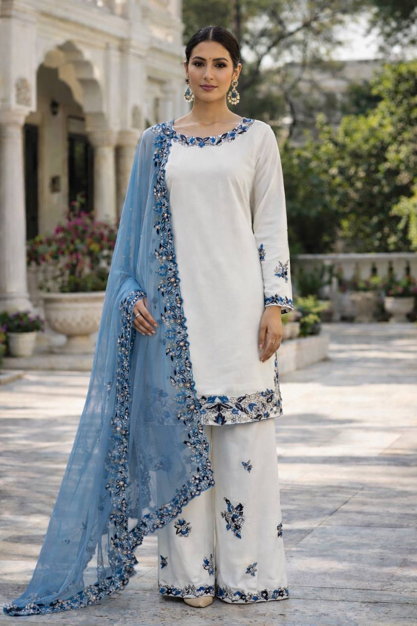 PRESERNTING NEW READY TO WEAR SPACIAL FANCY DESIGN HEAVY EMBROIDERY AND SEQUENCE WORK TOP - PALAZZO WITH DUPATTA