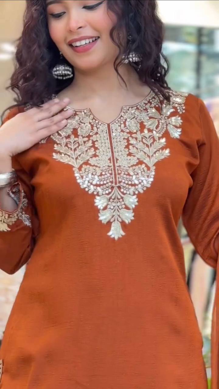 THIS WEDDING SEASON WEAR COMFORTABLE SUIT WITH SEQUENCE EMBROIDERED TOP, PLAZZO AND DUPATTA