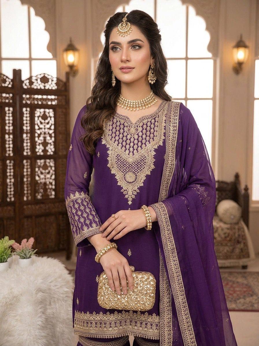 THIS WEDDING SEASON WEAR OUR THREE PIECE OUTFIT WITH CORDING SEQUENCE EMBROIDERED WORKED TOP, SARARA AND DUPATTA