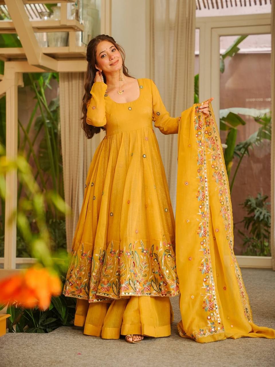 Yellow Embroidered Gown Sharara Set