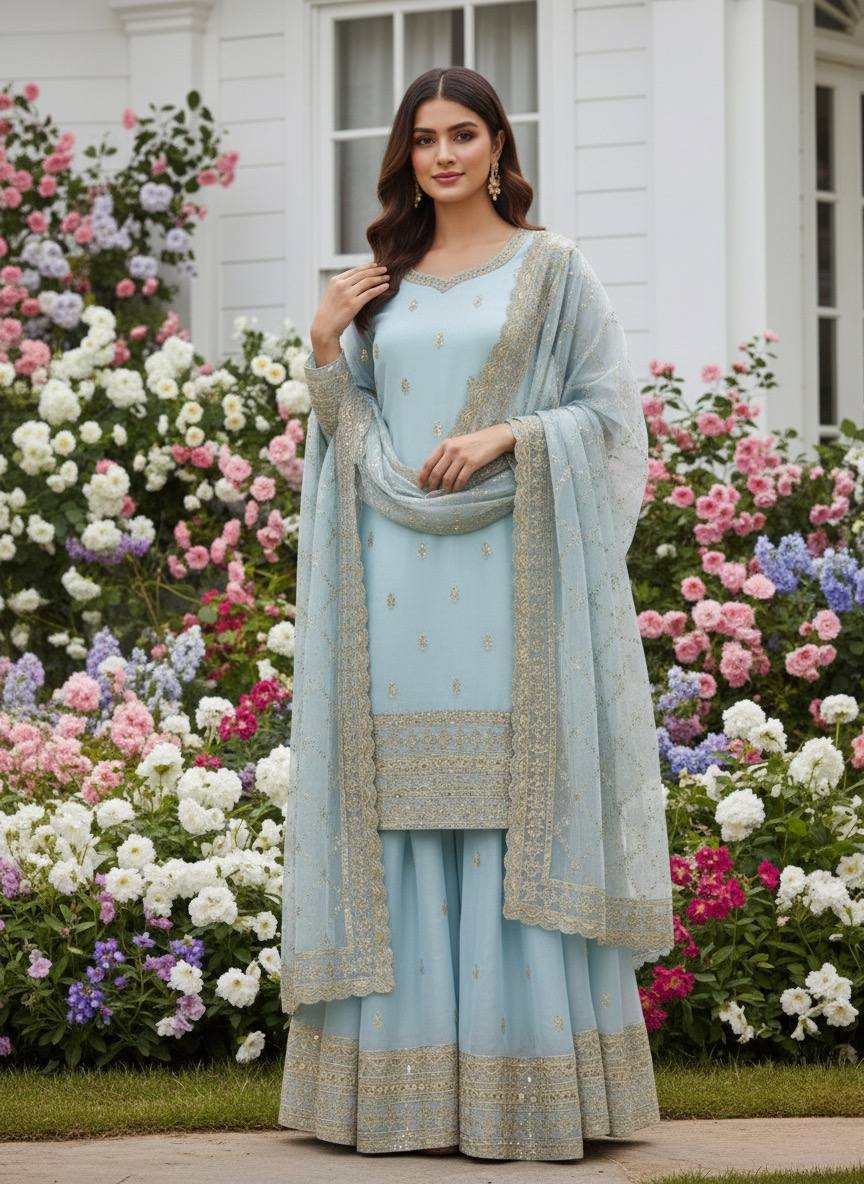 PRESERNTING NEW READY TO WEAR SPACIAL FANCY DESIGN HEAVY EMBROIDERY AND SEQUENCE WORK TOP - PLAZZO WITH  DUPATTA