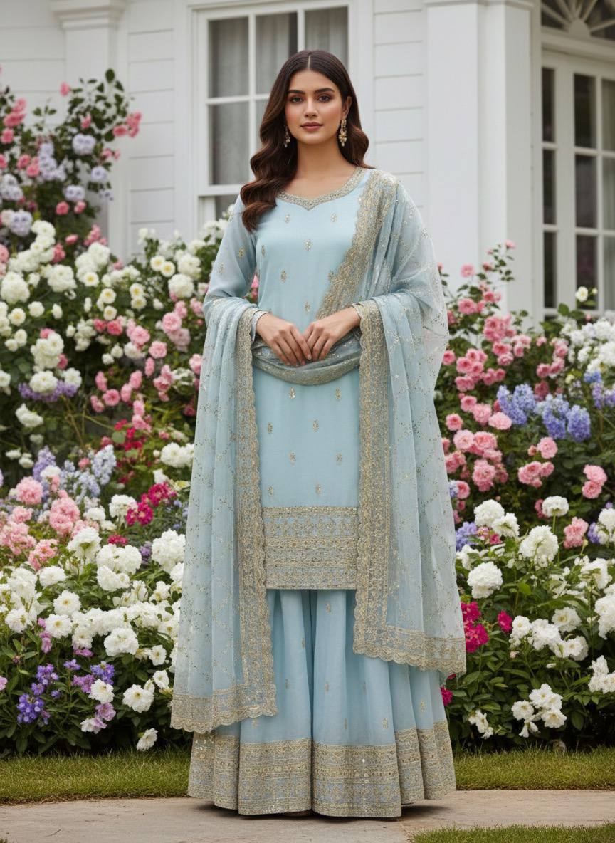 PRESERNTING NEW READY TO WEAR SPACIAL FANCY DESIGN HEAVY EMBROIDERY AND SEQUENCE WORK TOP - PLAZZO WITH  DUPATTA