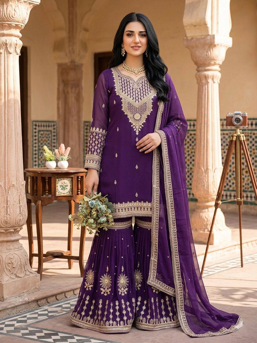 THIS WEDDING SEASON WEAR OUR THREE PIECE OUTFIT WITH CORDING SEQUENCE EMBROIDERED WORKED TOP, SARARA AND DUPATTA